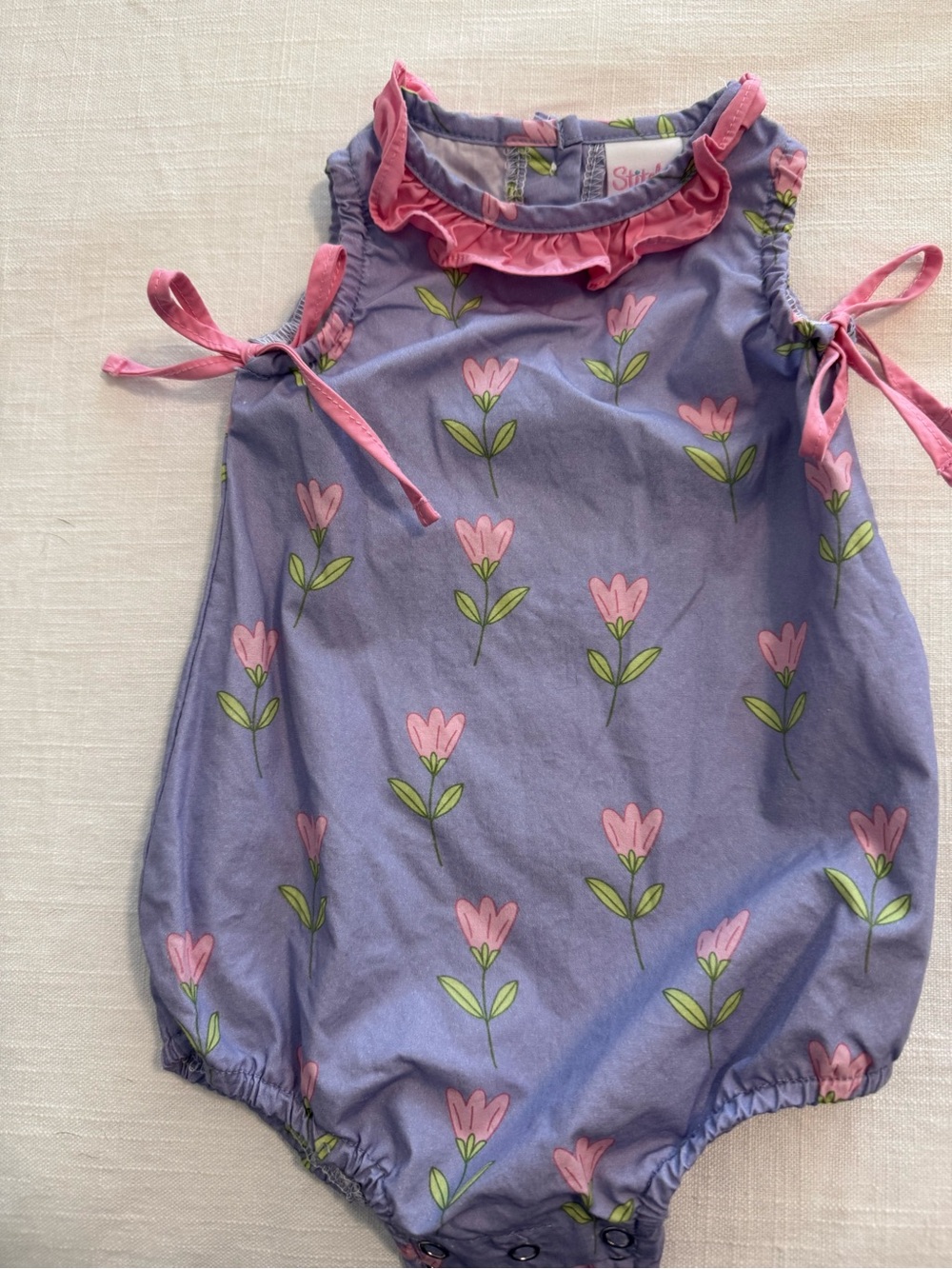 Girls Purple Floral One-Piece Romper with Pink Trim
